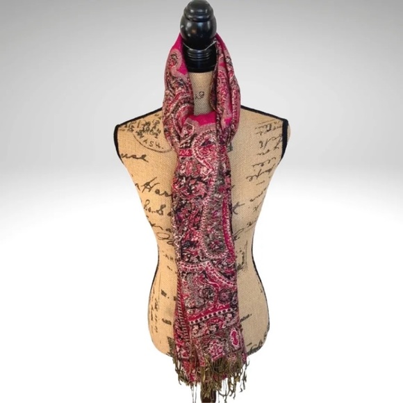 Paisley Pashmina Scarf Shawl Wrap Magenta Pink Double Layer Fringed Large 75” - Picture 3 of 10